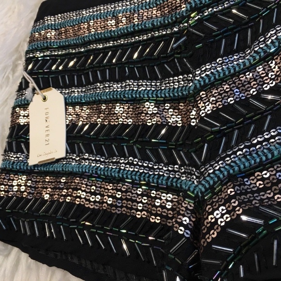 F21  Blue Sequin Embellished Short Shorts Side Zip - Picture 4 of 5